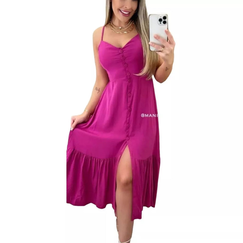 Vestido Longo Feminino Botão Na Frente Babado e Alça